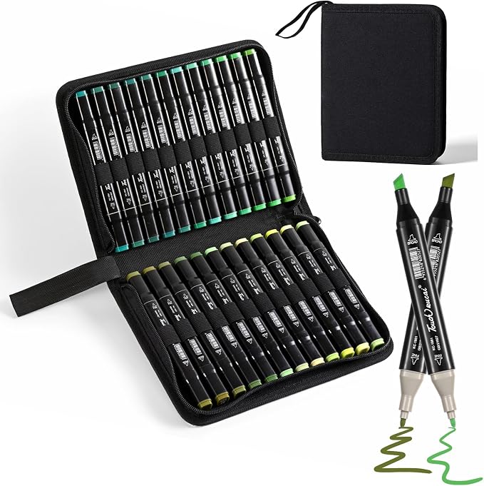 Green Colors Alcohol Markers Set,24 Color Dual Tips Art Markers,Markers Pens for Artist Adults Coloring Illustration Painting DIY Crafts Making Art Supplies