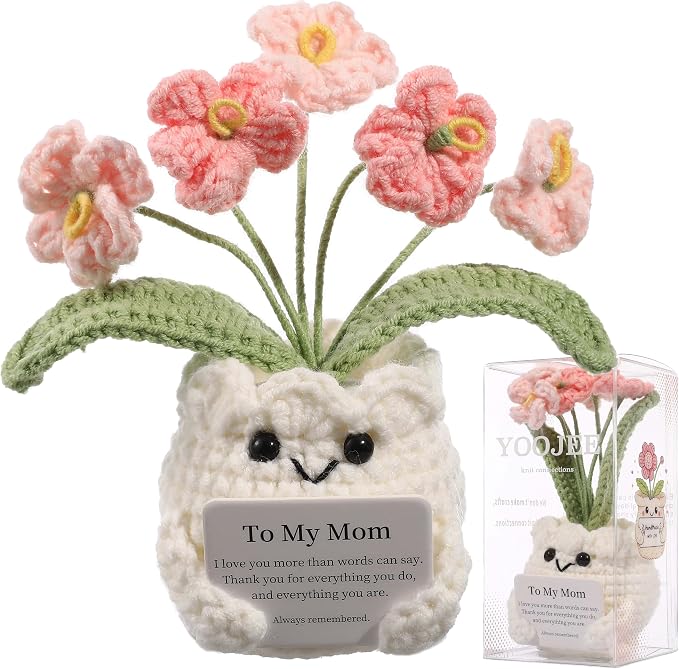 Crochet Forget Me Not Gift for Mom – Mothers Day Gifts from Daughter Son, Handmade Pink Flower Pot with Card “to My Mom”, Cute Desk Decor, Ready-to-Gift with Clear Box