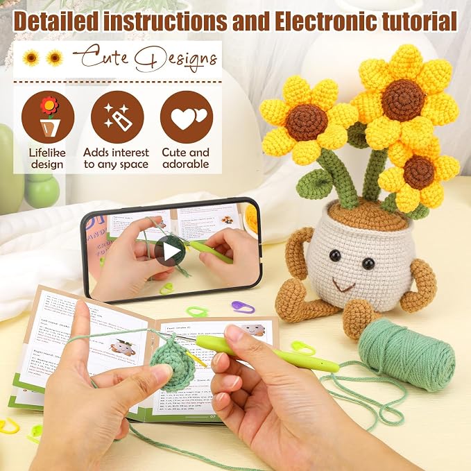 Nitlak Sunflower Potted Plant Crochet Kits, Crochet Starters Kit for Adults