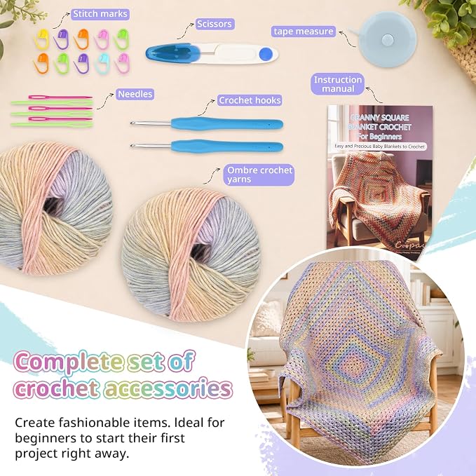 Coopay Crochet Kit for Beginners, Gradient Yarn Granny Square Blanket Kit