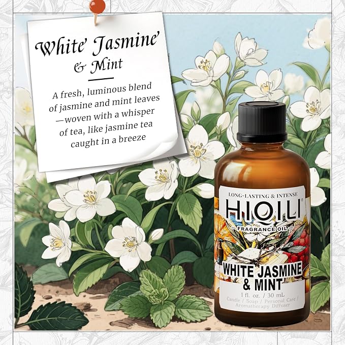 HIQILI White Jasmine & Mint Fragrance Oil for Diffuser, Candle, Soap & Perfume Making, Floral Herbal Scent with Fresh Tea Notes, Long-Lasting Scent - 1.0 Fl Oz(Pack of 1)