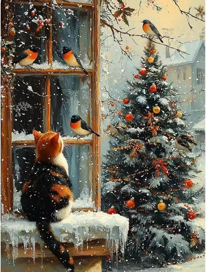 Canrichshop Cat Paint by Numbers Kit for Adults,Winter Painting by Numbers,DIY Acrylic Paint Beginners Without Frame,Christmas Paint by Number Canvas for Decor 16x20inch