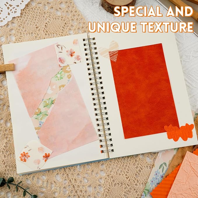 50 Sheets Unique Handmade Textured Scrapbook Paper & Mesh Fabric set - Junk Journal Supplies Craft Paper for Scrapbooking Journaling Supplies for Junk Journal Retro Crafts（Orange）