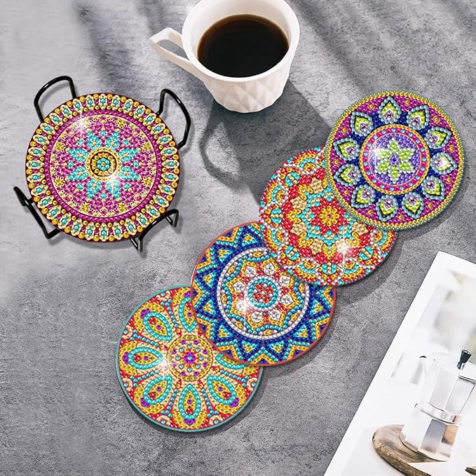 Vcekract 6 Pcs Mandala Diamond Art Coasters Kit for Adults | Diamond Painting Coasters with Holder & Protective Backing, Diamond Art Adult Crafts for Table Home Decoration