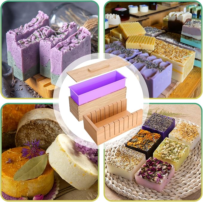 Soap Cutters with 2 Silicone Soap Molds, Upgraded Bar Rectangle Loaf Soap Mold Wood Box, Homemade Soap Making Supplies Tools Kit for Adults Beginners (Cutter with Mold)