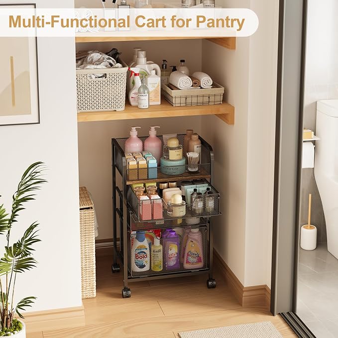 4-Tier Rolling Utility Cart with 3 Drawers-Craft Organizers and Storage with 360° Lockable Wheels,Art Supply Storage Organizer for Art Supplies, Store for Brushes & Paints & Artifacts Patent Pending