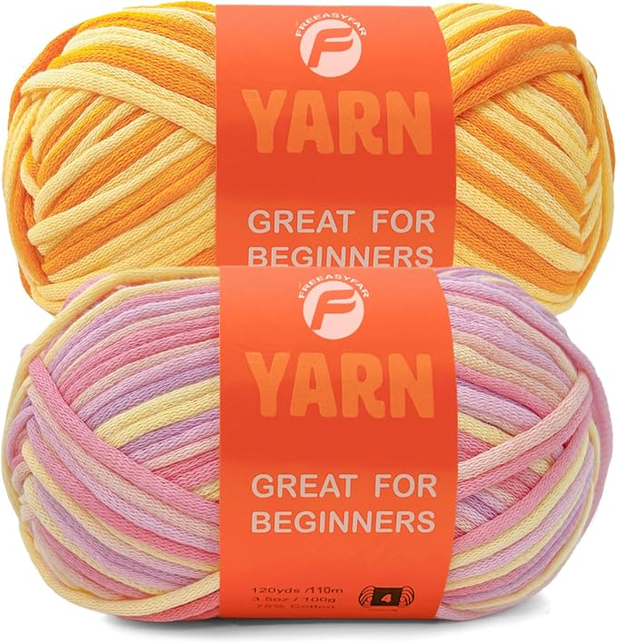 2 x 3.5Oz/120yds Beginner Easy Yarn for Crocheting and Knitting;Worsted-Weight Medium #4;Cotton Blend Yarn for Beginners Amigurumi DIY (Macron+Yellow)