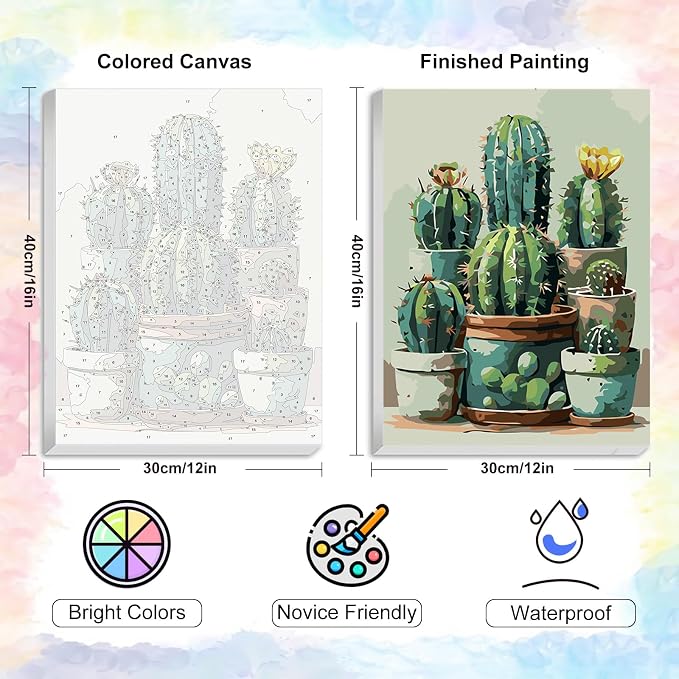 Yezavesu Cactus Framed Paint by Numbers Kit for Adults Beginner | With Frame Canvas 12x16 Inch, DIY Acrylic Painting by Numbers Cactus Plant, Stress Relief Craft Kits, Home Wall Decor Gift