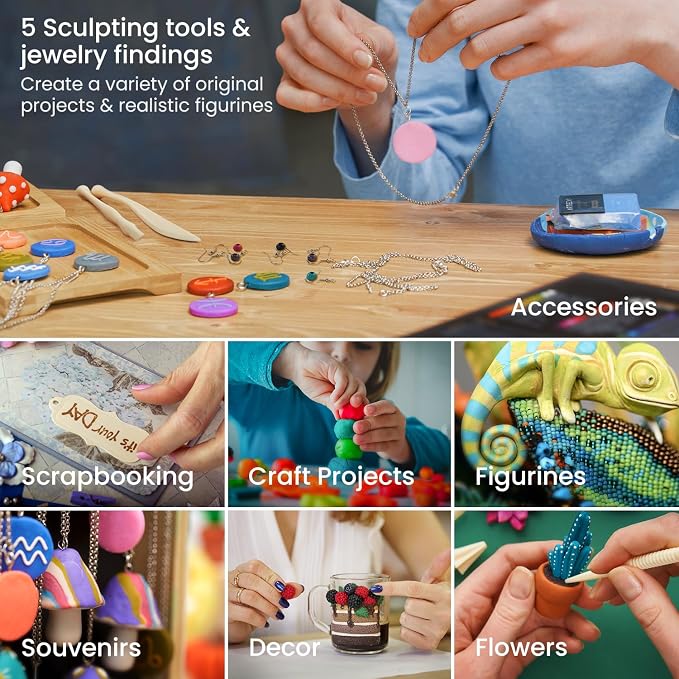 ARTEZA Polymer Clay Kit, 42 Colors with 5 Tools & Jewelry Findings, Oven-Bake Modeling Clay for Earrings, Charms, Miniatures, Jewelry & DIY Crafts
