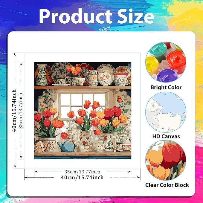 xcemhil Flowers Paint by Numbers Kit for Adults Beginner, Flowers Paint by Number for Adult, Acrylic Paint by Numbers Kits Suitable for Home Wall Art Decor Gifts 16x16 Inch