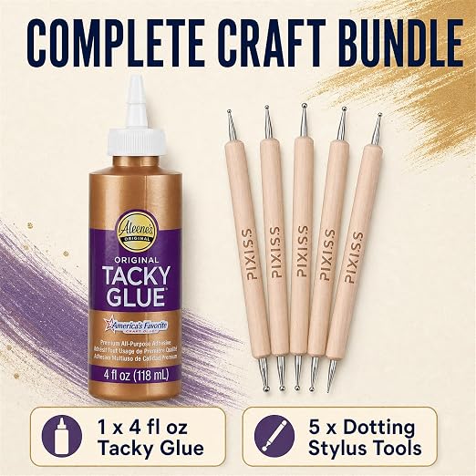 Aleene's Original Tacky Glue Craft Glue - 4Ounce, Quick Dry Tacky Glue for Crafts, Paper, Felt, Wood, Foam, Fabric - All Purpose Precision Craft Glue, Pixiss Wooden Art Dotting Stylus Pens