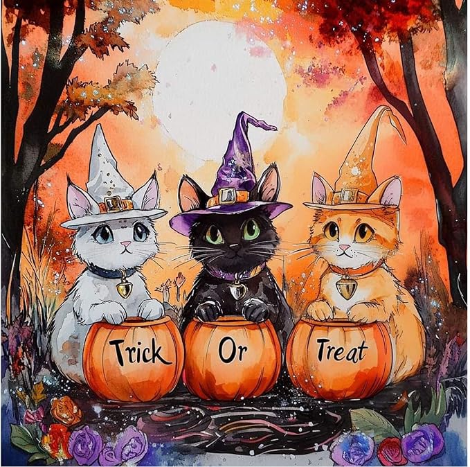 Halloween Paint by Numbers for Adults, Witch Cats Paint by Number on Canvas