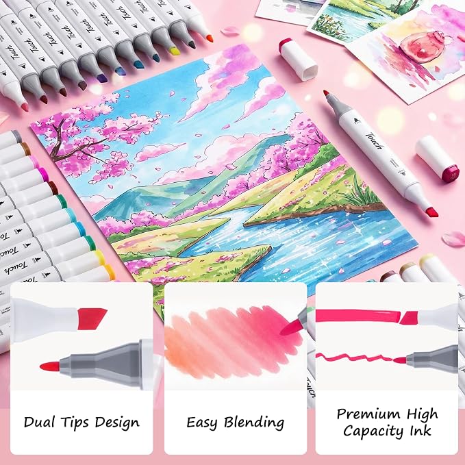 Alcohol Markers Set, 24 Colors Dual Brush Tip Art Coloring Markers for Adult Drawing, Permanent Alcohol Based Colored Sketch Pens Art Supplies Gifts for Illustration