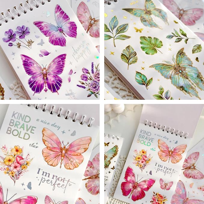 Flower and Butterfly Sticker Book, 30 Sheets 300+ Pcs, PET Material with Gold and Holographic Foil, for Planner Scrapbooking Journaling Card Making