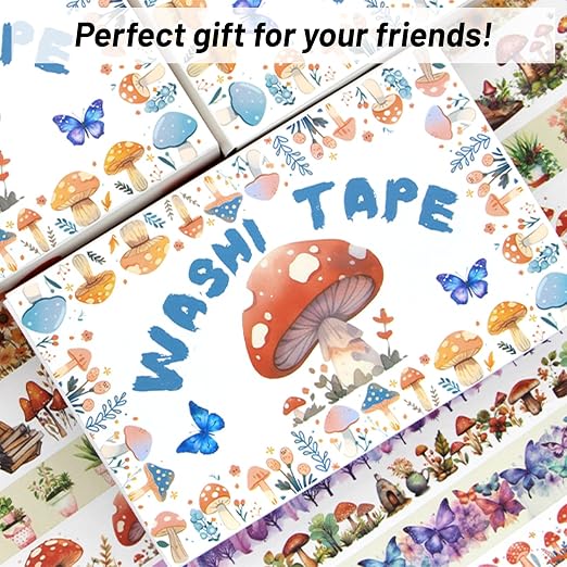 Washi Tape Set 13 Rolls - Mushroom Butterfly Floral Decorative Tape for Scrapbooking Supplies, Junk Journal, DIY Crafts, Arts