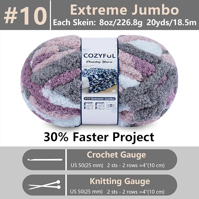 Cozyful Chunky Yarn for Hand Knitting - #10 Chunky Chenille Blanket Yarn, Jumbo Big Thick Chunky Yarns for Crocheting, Tie Dye Bulky Knit Yarns, 8 Skein (20 yds 8 oz Each Skein), Purple & Grey & Sky