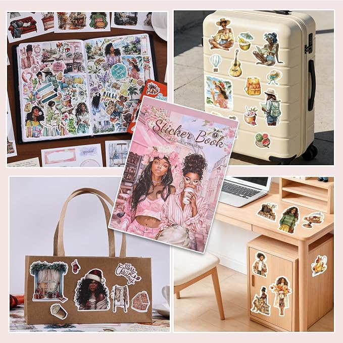 Black Girl Sticker Book of Four Seasons - 24 Pages Hand Drawn Waterproof Vinyl Stickers for Journals, Planners, Scrapbooking, Laptop & Water Bottles - Melanin Power Aesthetics Gift Ideas for Women