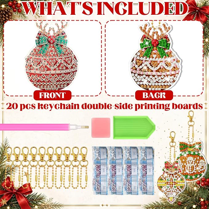 Tondiamo 20 Pcs Christmas Gingerbread Ball Diamond Painting Keychains Kit, Xmas Bauble Ornaments DIY Diamond Art Key Pendant Set for Xmas Tree Decor Party Favors Gift