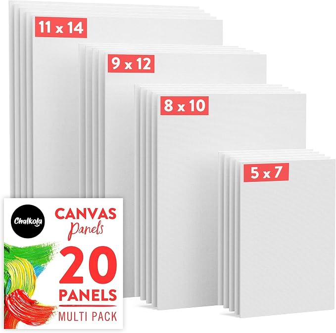 Chalkola Canvas for Painting - (20 Bulk Pack, 5x7, 8x10, 9x12, 11x14 inch) | 100% Cotton Panels, Primed Blank Canvases for Painting for Kids & Adults - Paint Canvas Boards for Acrylic, Oil, Watercolor | 20 Bulk - 5x7, 8x10, 9x12, 11x14 inch - 100% Cott...