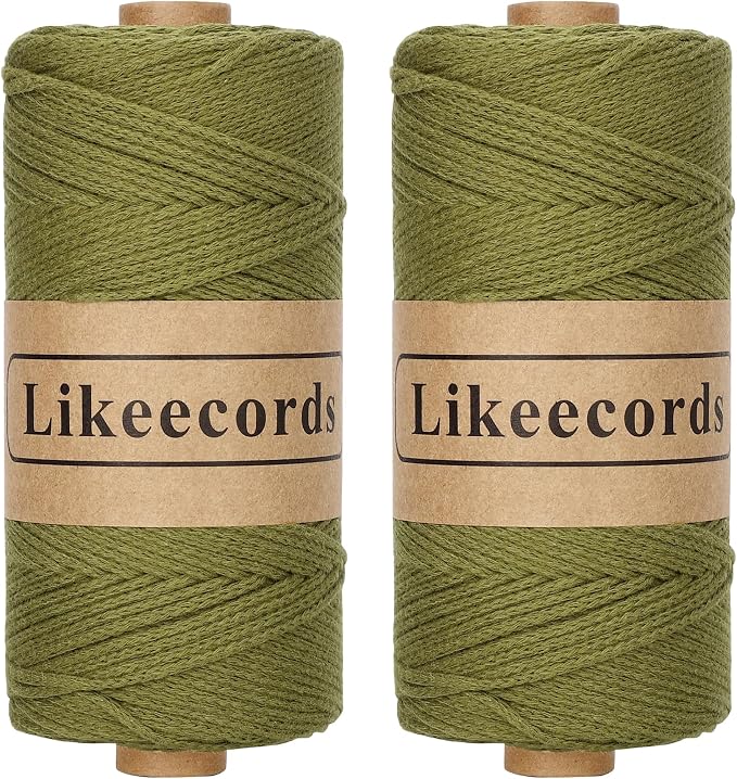 Likeecords 2 Skeins of 100% Cotton Crochet Bag Cord 2mm x 170m Macrame Cord 2mm Crochet Thread Macrame Rope Gift for Knitter (Military Green)