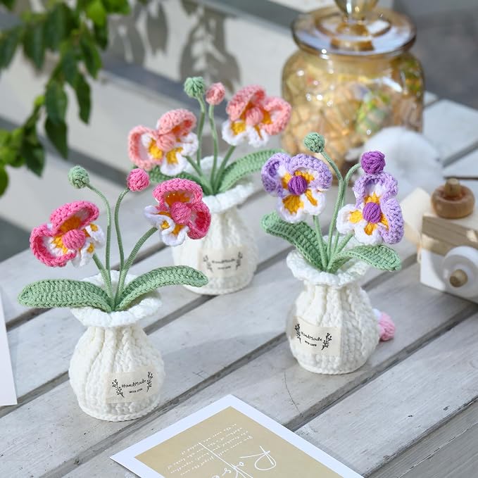 Orchid Crochet Flower Pot Blush Pink Handmade Knitted Phalaenopsis Desk Decor for Home Office