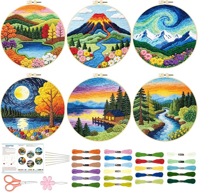 BEUNITONE 6 Pack Hand Embroidery Starter Kit for Adults with Pre-Print Scenery Pattern, Needlepoint Kits with Embroidery Hoop and Instructions, DIY Funny Craft Kits for Gifts and Home Decor