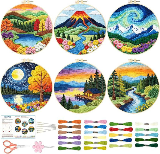 BEUNITONE 6 Pack Hand Embroidery Starter Kit for Adults with Pre-Print Scenery Pattern, Needlepoint Kits with Embroidery Hoop and Instructions, DIY Funny Craft Kits for Gifts and Home Decor