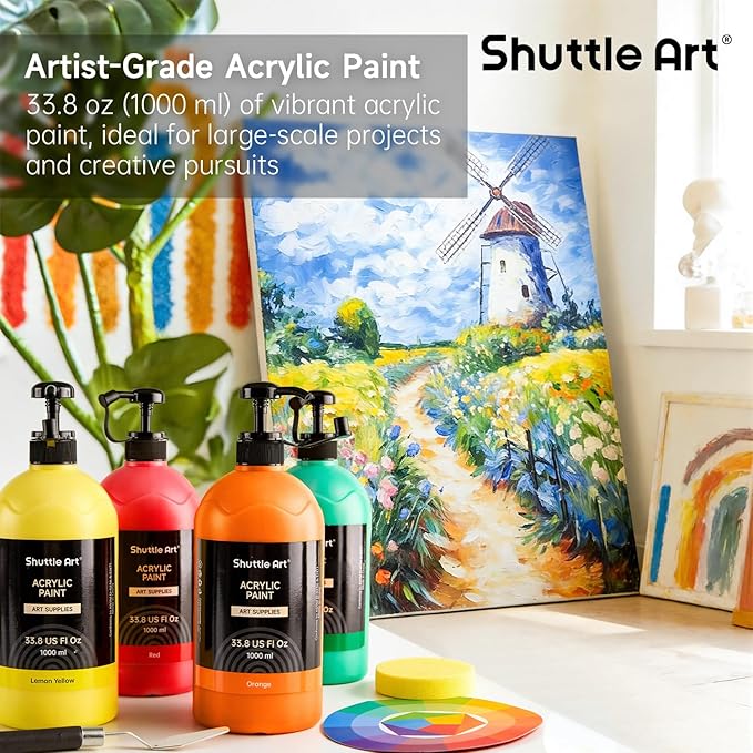 Shuttle Art 15 Colors Acrylic Paint Set, 33.8oz/1000ml Large Capacity Pump Bottles, Rich Pigments, High Coverage Paint, Fast Drying, Non-Toxic, for Canvas Wood Ceramic Rock Painting & DIY Crafts