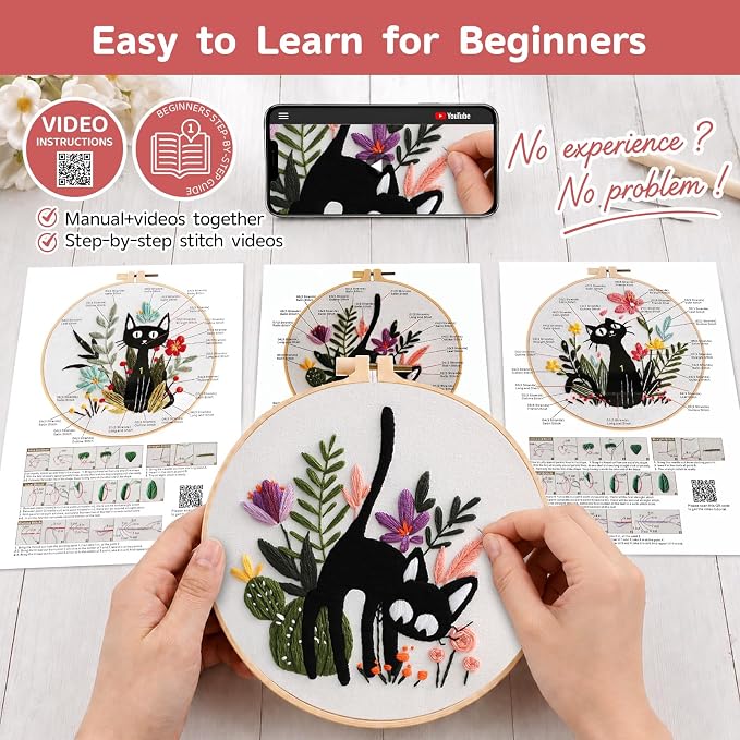 Meyocky Embroidery Kit for Beginners with Cat Flower Patterns& Stitch Video | 3-Piece Hand Embroidery Kits with Pre-Stamped Fabrics Hoop Threads, Step-by-Step Instructions, Relaxing Craft Gift for Women