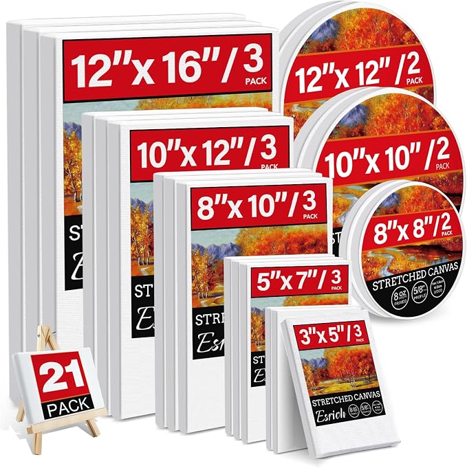 21 Packs Stretched Canvases for Painting, MultiSize 12x16, 10x12, 8x10, 5x7, 3x5, Round Canvas with 8x8,10x10,12x12, Primed Blank Canvas for Oil, Acrylic Paint,for Beginner, Artist.