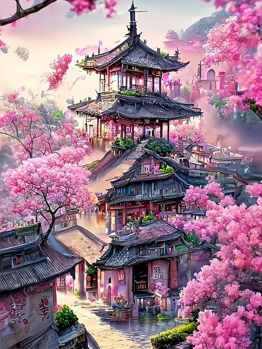 Cherry Blossoms Landscape 5D DIY Diamond Painting Kits for Adults | Diamond Art Kits for Beginners, Full Drill Diamond Painting Gem Art Kits for Home Wall Decor11.8 x15.7 Inch