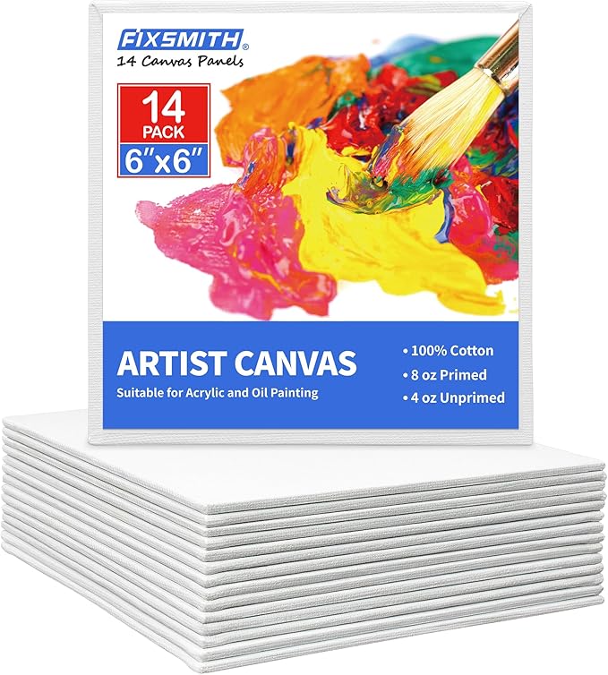 FIXSMITH Canvas Boards for Painting 6x6 Inch, Super Value 14 Pack Paint Canvases, White Blank Canvas Panels, 100% Cotton Primed, Painting Art Supplies