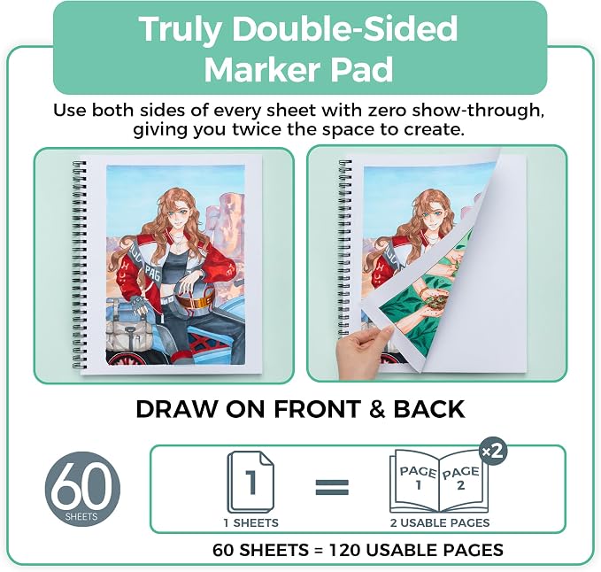 Ohuhu 11"x14" Double-Sided Bleedproof Marker Pad Art Sketchbook 60 Sheets | Large Sketch Book - 90 LB/150 GSM Smooth Drawing Paper - 60 Sheets/120 Pages - Spiral-Bound Sketch Pad for Alcohol Markers