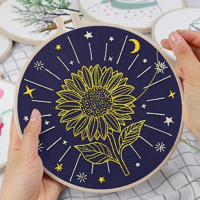 Louise Maelys 3Pcs Tarot Flower Embroidery Kit for Beginners DIY Craft Kit | Complete Needlepoint Kit with 3 Printed Fabric Patterns, Embroidery Hoop, Color Threads, Needles and Guide for Craft Lovers