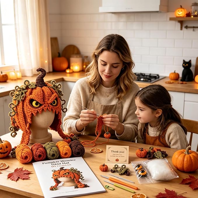 Halloween Hat DIY Crochet Kit, Fantasy Hood Hat DIY Crochet Kit, Pumpkin