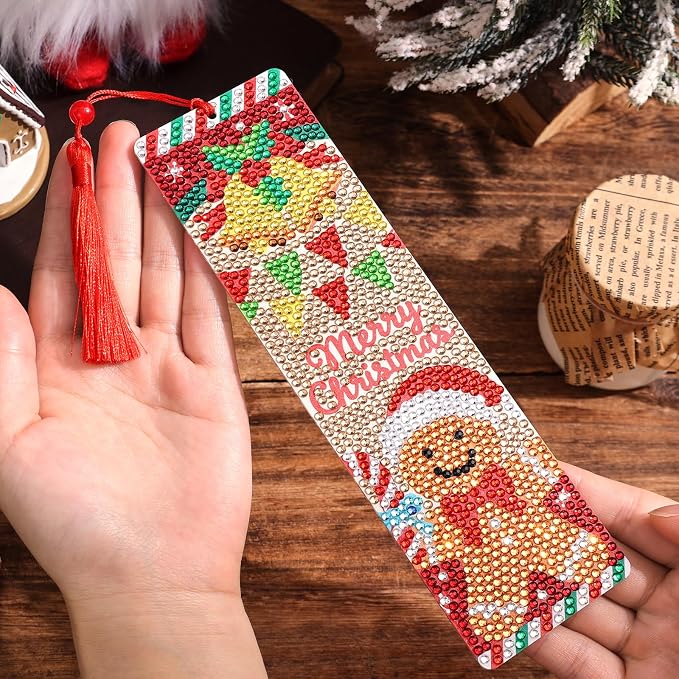 icceemee 4 Pcs Christmas Theme Diamond Painting Bookmarks, DIY Diamond Art Kits for Adults, Book Corner Protecting Bookmark Craft Supplies Kits for Book Lovers