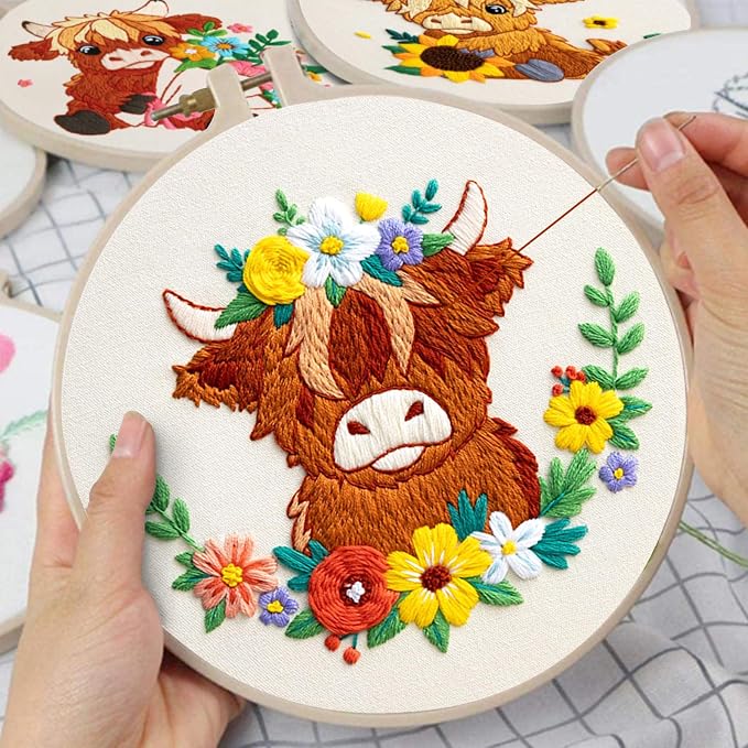 Nuberlic 3 Pack Embroidery Kit for Beginners, Highland Cow Embroidery Kits