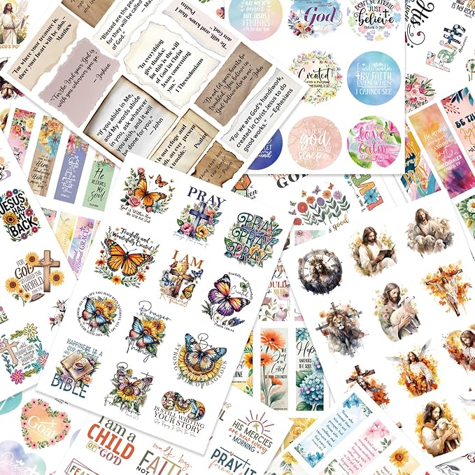 PRSTINCOL Bible Verse Stickers Book, 28 Pages 353 Pcs Religious Scripture Journaling Supplies for Women Water Bottles Journals
