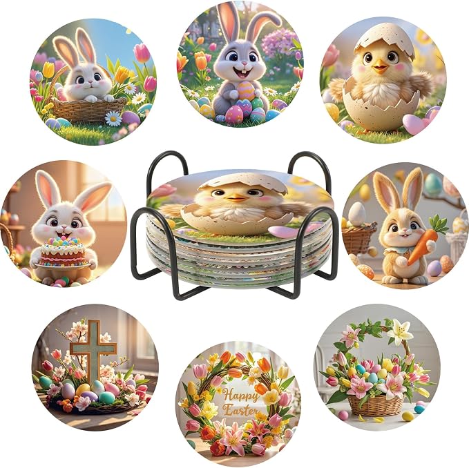 UPINS 8 Pieces Easter Diamond Art Coasters,Bunnies Diamond Art Coaster for Adults Diamond Kits Supplies for Spring Easter Gift