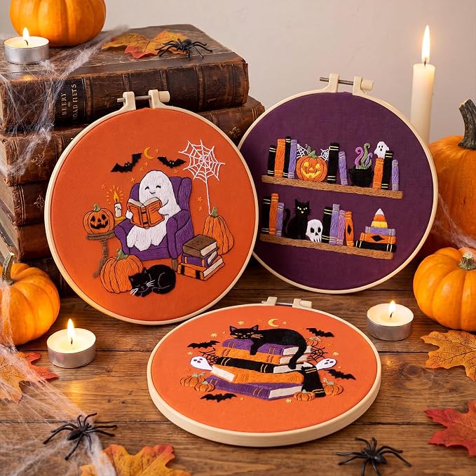 Mindsoft 3 Set Needlepoint Kit for Beginners with Hoop,Halloween Booklover | Bamboo Hoop Thread Needles Instructions, Easy Hand Embroidery for Beginners Home Crafts,Pre-stamped Funny Cute Designs