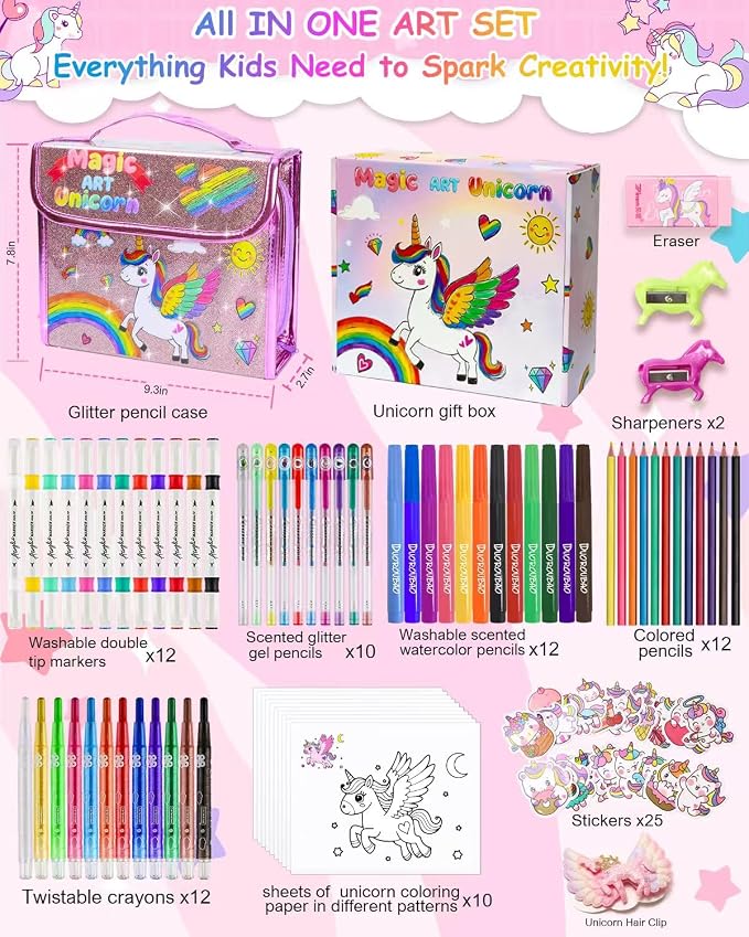 98X Washable Scented Markers Set with Unicorn Pencil Case for Kids Coloring