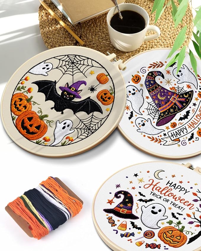 TINDTOP Halloween Embroidery Kit for Adult, 3 Pack Embroidery DIY Starter Kit, with Stamped Patterns, Hoop, Tools, Colorful Threads with Needles, Instructions