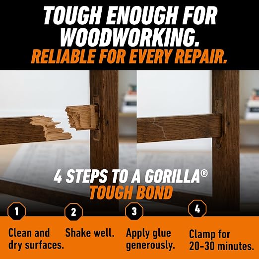 Gorilla Wood Glue, Fast Clamp, Water Resistant PVA, 8 oz