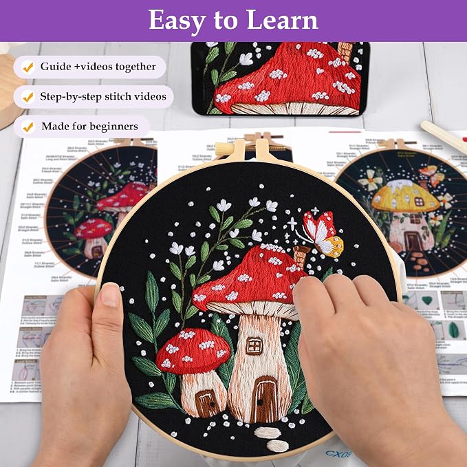 Uniartfy 3 Sets Embroidery Kit for Adults Beginners, Needlepoint Kits Cross Stitch, Hand Embroidery Starter Kit with Mushroom Stamped Patterns, Hoop, Tools, Colorful Threads with Needles, Instructions