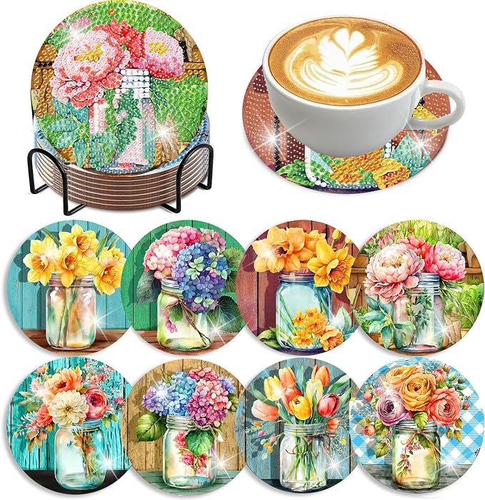 mrpwnle Diamond Art Coasters Kits, 8Pcs Flowers Diamond Painting Coasters
