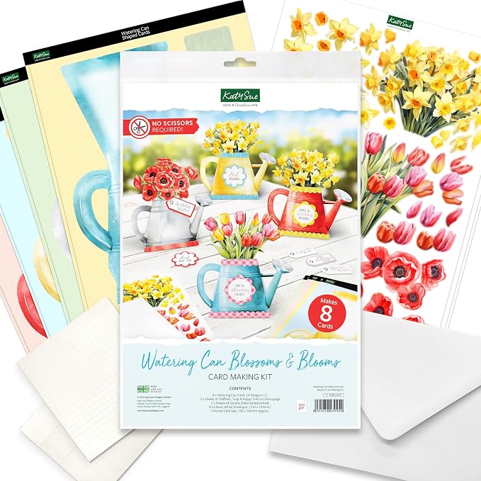 Katy Sue Watering Can Blossoms & Blooms Card Making Kit. 8 Shaped Cards, 3 Sheets of Floral Die Cut Decoupage, 8 Envelopes, Adhesive Foam Pads, & Instructions. For Card Making Supplies & Card Crafting