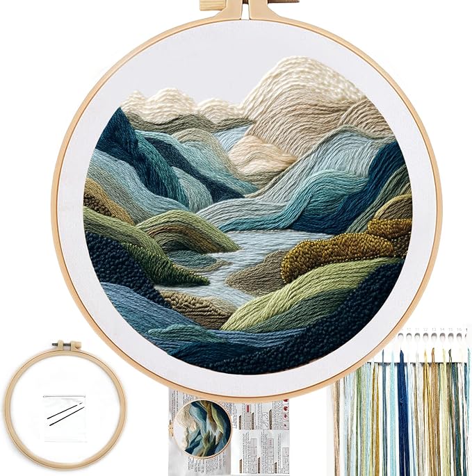 FONNUY Embroidery Kit for Beginners, Nature Hills Landscape Pre-Stamped Pattern Kits for Adults with Hoop, Easy to Follow Color Thread Needlework, 8'' Hoop (Green Hills)