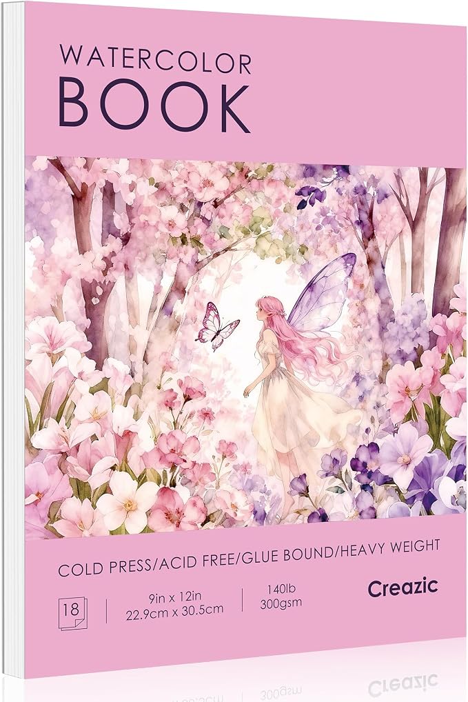 Creazic Watercolor Paper Book, 9"x12" Sketchbook, 18 Sheets 140lb/300gsm - No Bleed Art Paper for Watercolor, Acrylic Paint & Crayons - Gift Ideas for Adults & Students, Drawing Pad for Beginners
