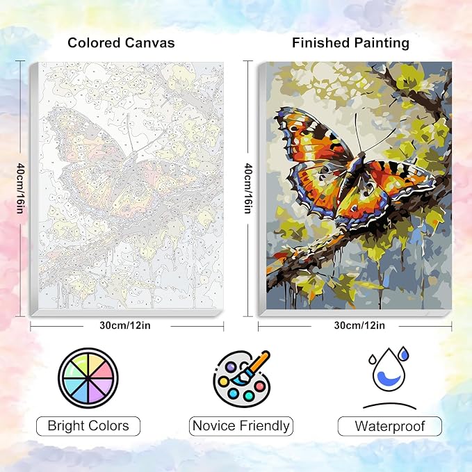 Yezavesu Butterfly Framed Paint by Numbers Kit for Adults Beginner | With Frame Canvas 12x16 Inch, DIY Acrylic Painting by Numbers Butterfly, Stress Relief Craft Kits, Home Wall Decor Gift