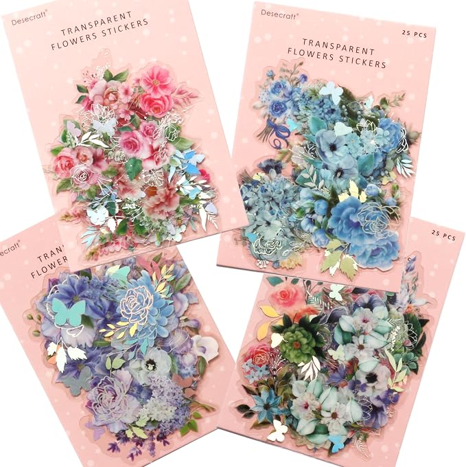 100 Pcs Holographic Nature Flower Stickers, Clear PET Transparent Foil Decorative Adhesive for Scrapbooking, Journaling, Card Making — Waterproof Craft Stickers